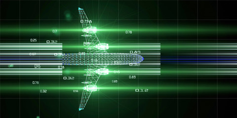 Abstract digital 3d grid airplane with blurred color lines on black background.  Wireframe mesh plane analytical concept with lens effects. Big Data.  Travel, tourism, transport banner.