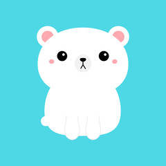 White polar bear cub icon. Cute funny head face. Kawaii cartoon character. Pink cheeks. Happy Valentines Day. Baby greeting card template. Notebook cover, tshirt. Blue background. Flat design.