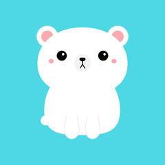 Fototapeta premium White polar bear cub icon. Cute funny head face. Kawaii cartoon character. Pink cheeks. Happy Valentines Day. Baby greeting card template. Notebook cover, tshirt. Blue background. Flat design.