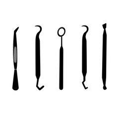 Set of dental tool icons. Dental instrument. Silhouette vector design.