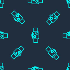 Fototapeta premium Green line Smart watch showing heart beat rate icon isolated seamless pattern on blue background. Fitness App concept. Vector Illustration