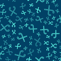 Fototapeta na wymiar Green line Ice hockey sticks icon isolated seamless pattern on blue background. Vector Illustration