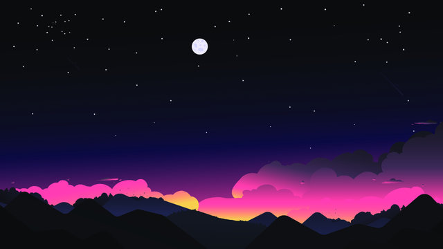 Beautiful violet-pink sunset on the background of the space. The contour of the mountains forest and wind. Minimalism style