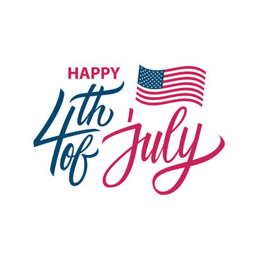 Fourth of july, USA Independence Day greeting card with hand lettering and waving United States national flag. 4th of july holiday vector illustration.