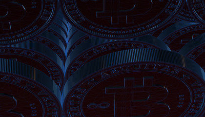 Bitcoins, new virtual money on various digital background, 3D render