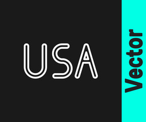 White line USA label icon isolated on black background. United States of America. Vector Illustration