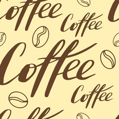 Seamless abstract pattern. Coffee lettering and coffee beans in doodle hand drawn style. Coffee collection on an isolated white background. Stock vector illustration.