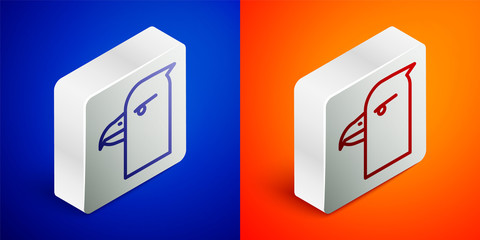 Isometric line Eagle head icon isolated on blue and orange background. Silver square button. Vector Illustration