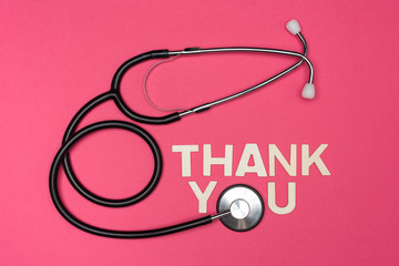 Stethoscope and thankful greeting to medical frontliners. Thanks to the health staff and workers from the hospital.People who save lives.