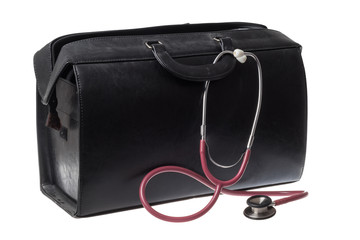 Doctor suitcase hand bag, made of black leather. For medical instruments with stethoscope. Isolated...