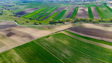 Colorful Scenic Farm Fields Patterns in Countryside. Aerial Drone View