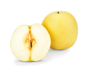 whole and half of chinese pear isolated on white background