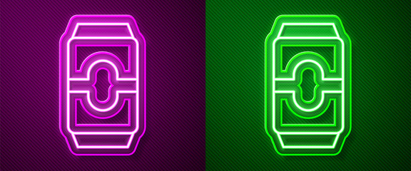 Glowing neon line Beer can icon isolated on purple and green background. Vector Illustration