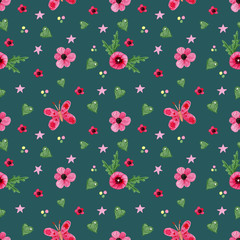 Childish seamless pattern of bright elements on a green background. Summer print for girls. Watercolor butterflies, flowers, hearts. Design pattern for children's clothing, textiles, packaging.