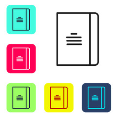 Black line Notebook icon isolated on white background. Spiral notepad icon. School notebook. Writing pad. Diary for school. Set icons in color square buttons. Vector Illustration