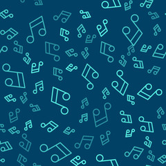 Green line Music note, tone icon isolated seamless pattern on blue background. Vector Illustration