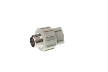 Plastic PPR straight metal thread fitting for water pipes, isolated on white background