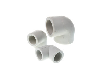Set of plastic PPR 90 degree fitting for water pipes, isolated on white background