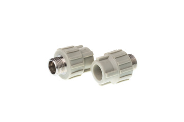 Set of plastic PPR straight metal thread fitting for water pipes, isolated on white background