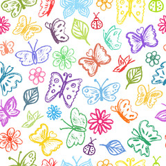 Fototapeta na wymiar Butterfly pattern children drawling style. Colorful bright background. Crayons style icon on white backdrop. Butterfly, ladybug, ladybird, flowers, leaves. Seamless texture with hand drawn elements.