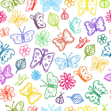 Butterfly pattern children drawling style. Colorful bright background. Crayons style icon on white backdrop. Butterfly, ladybug, ladybird, flowers, leaves. Seamless texture with hand drawn elements.
