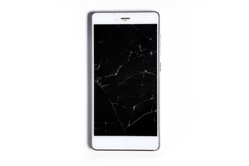 A modern mobile touch smartphone with a broken glass screen isolated on a white background....