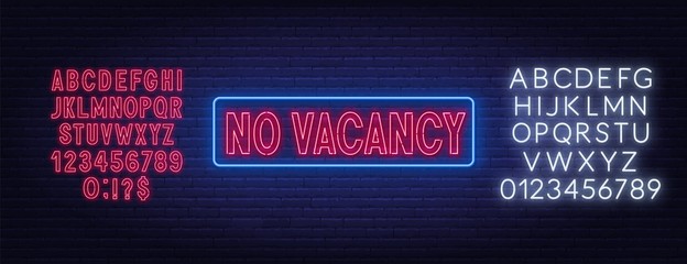 No vacancy neon sign. Neon alphabet on brick wall background. Vector illustration. - obrazy, fototapety, plakaty