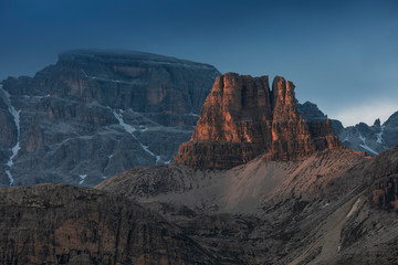 Mountain landscape in the European Dolomite Alps underneath the Three Peaks with alpenglow during...