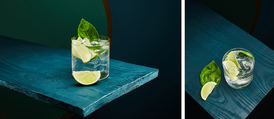 Collage of old fashioned glass with fresh drink, mint leaf and lime slice on blue wooden surface on green and blue geometric background © LIGHTFIELD STUDIOS