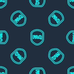 Green line Shield with text FAQ information icon isolated seamless pattern on blue background. Guard sign. Security, safety, protection, privacy concept. Vector Illustration