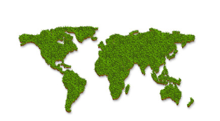 world map green grass surface, isolated on a white