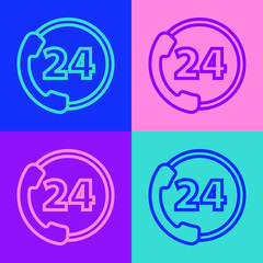 Pop art line Telephone 24 hours support icon isolated on color background. All-day customer support call-center. Full time call services. Vector Illustration