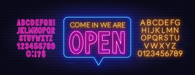 Come in we are open neon sign. Neon alphabet on brick wall background. Vector illustration. - obrazy, fototapety, plakaty