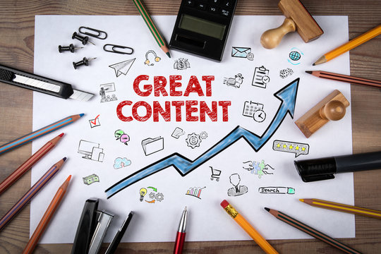 GREAT CONTENT concept. Arrow with icons. Pencil on piece of paper