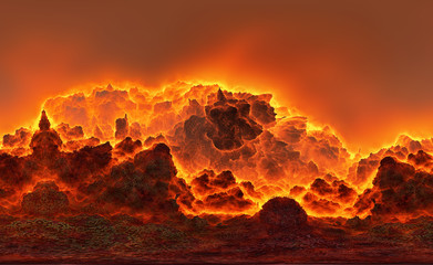 3d illustration, wallpaper in the form of fantastic burning mountainsides, slopes of a volcano with burning lava - obrazy, fototapety, plakaty
