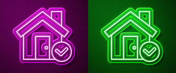 Glowing neon line House with check mark icon isolated on purple and green background. Real estate agency or cottage town elite class. Vector Illustration