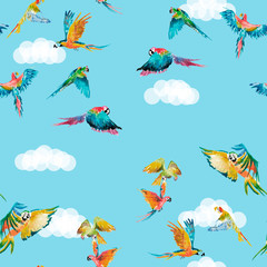 Fototapety  Set of colored parrots. Assembled in a seamless pattern. can be used as a background, printing on clothes, on fabric, on postcards, booklets, menus