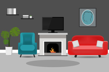 Living room interior with sofa, armchair and fireplace