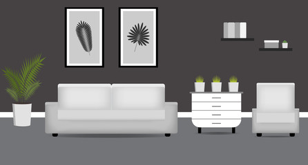 The interior of the living room in the style of minimalism. Vector illustration of a living room with a sofa, armchair, flower and bedside table