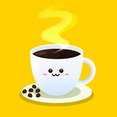Coffee cup character design. Cartoon of fresh Coffee. Vector Illustration. Flat Style. Decorative Design for Cafeteria.