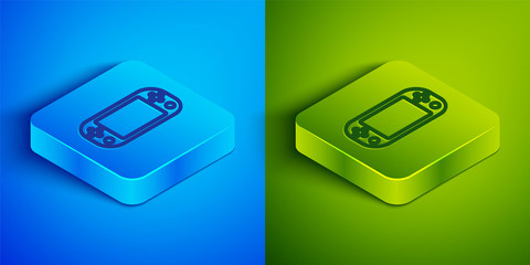 Isometric line Portable video game console icon isolated on blue and green background. Gamepad sign. Gaming concept. Square button. Vector Illustration