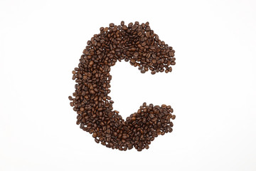 Letter C roasted coffee beans with white background
