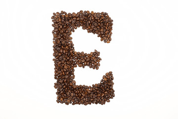 Letter E roasted coffee beans with white background
