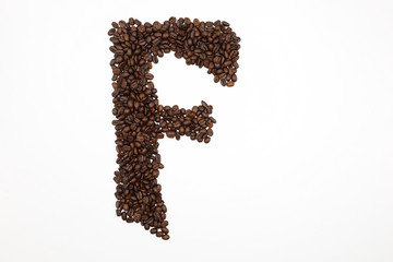 Letter F roasted coffee beans with white background
