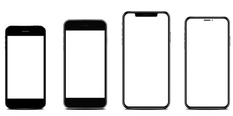 Set of new realistic mobile phones with blank screen on white background. Ideal for app presentation and e-commerce. Vector