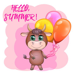 Cute cartoon bull with balloons among the flowers. Summer is coming