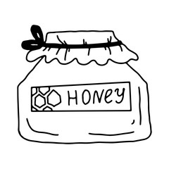 Honey jar in hand drawn doodle style. Coffee collection on an isolated white background. Stock vector illustration.