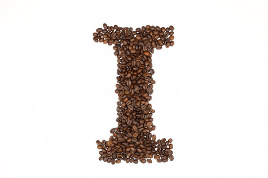 Letter I roasted coffee beans with white background
