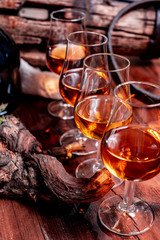 Tasting of aged french cognac brandy in old cellars of cognac-producing regions Champagne or Bois, France