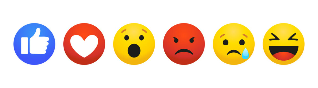 Emoji set in modern flat design. Like, dislike and basic emotions, round yellow emoticons, anger, laughter, surprise, sadness. Simple vector illustration isolated on white background.